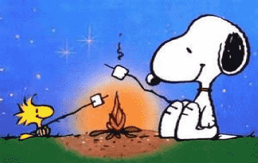 Snoopy and Woodstock camping with a fire roasting marshmallows