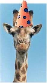 giraffe with an orange polka dot party hat